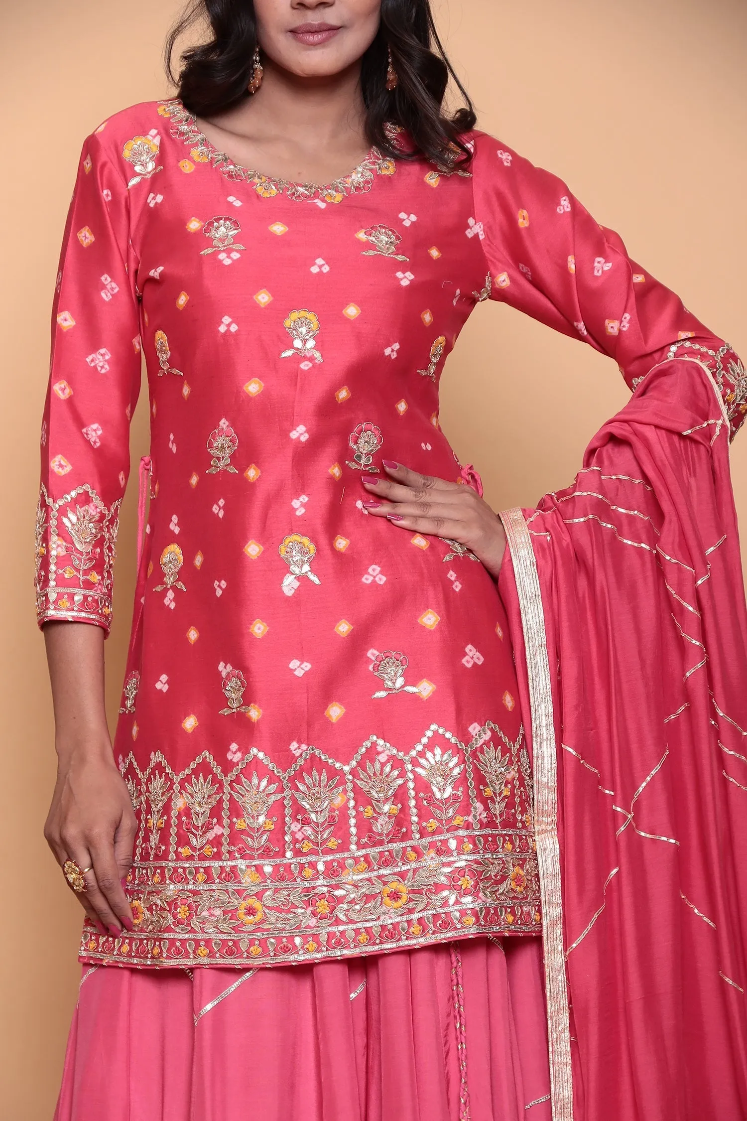 Bandhej Gota Patti Cotton Silk Suit with Gota Border.