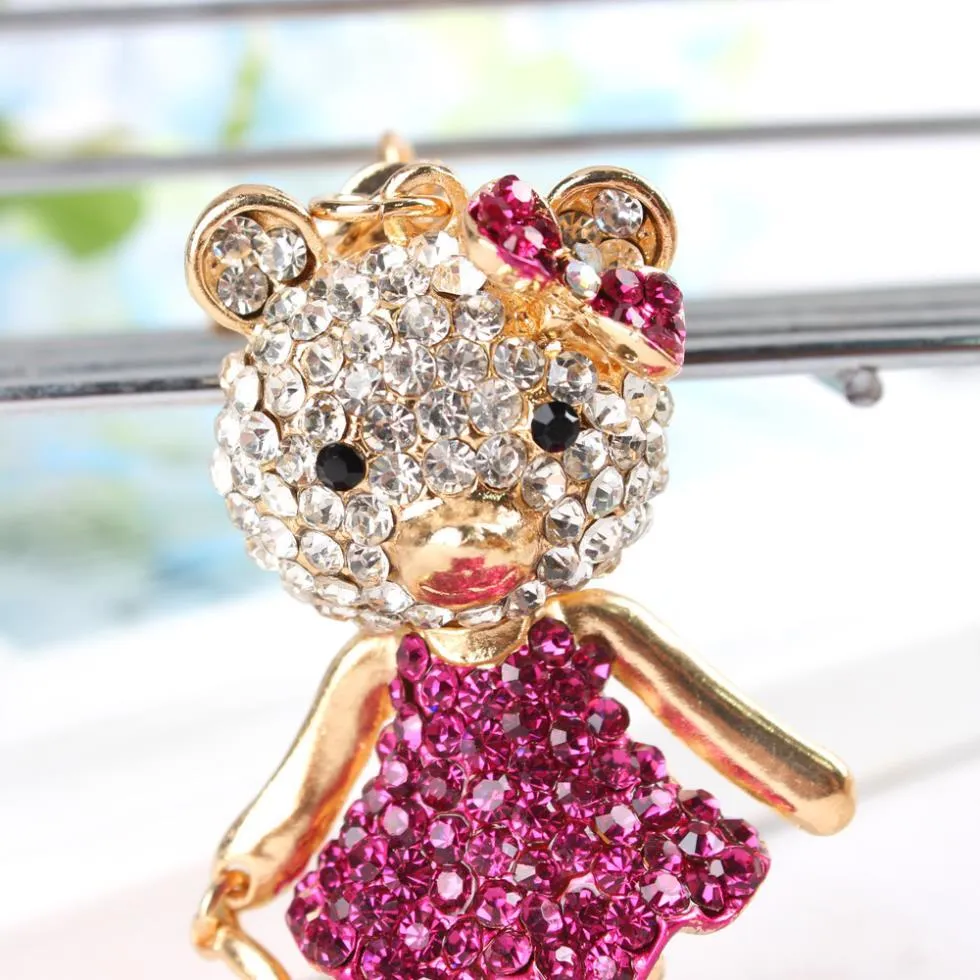 Bear Mother and Baby Rhinestone Crystal Charm Pendant Bag Purse Key Chain