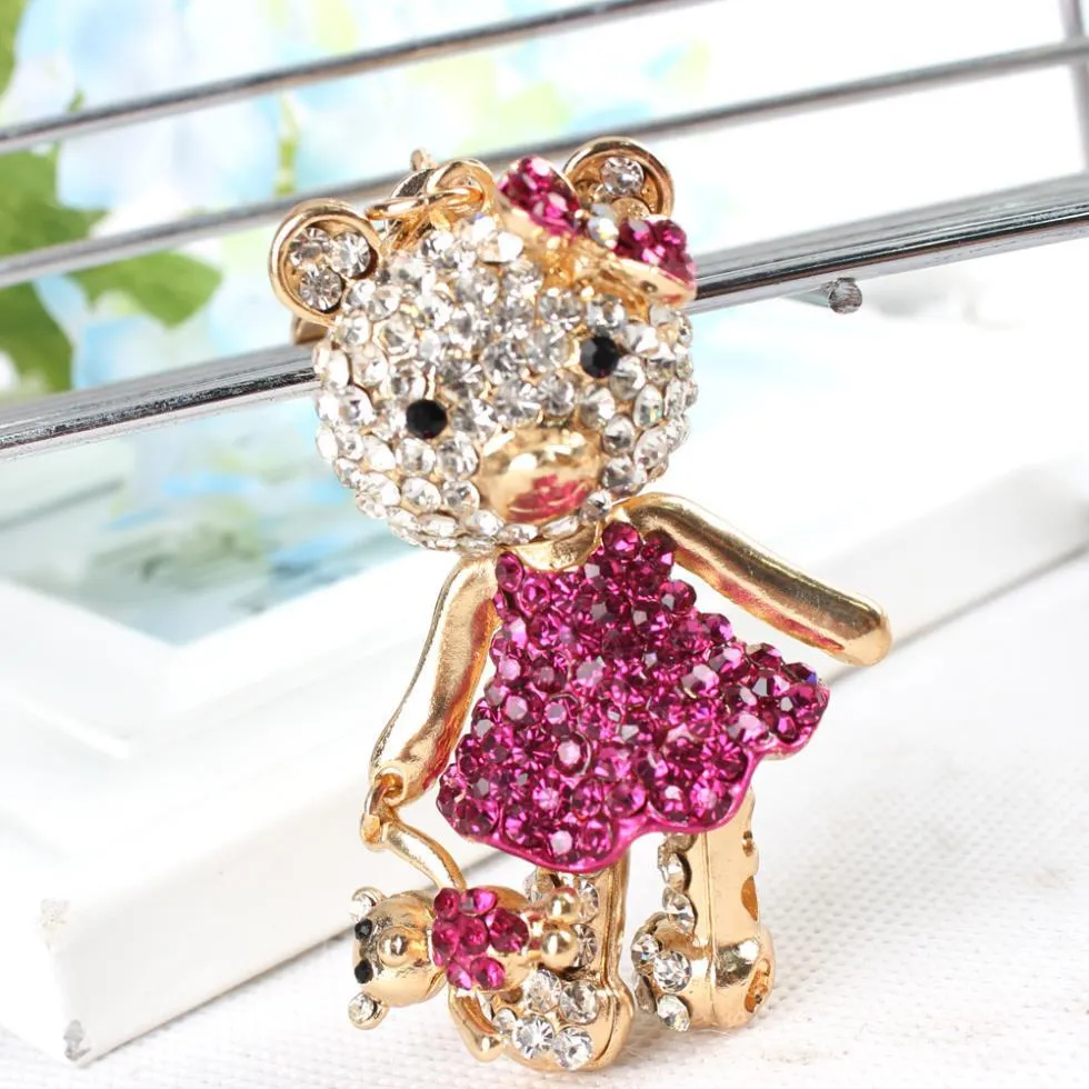 Bear Mother and Baby Rhinestone Crystal Charm Pendant Bag Purse Key Chain