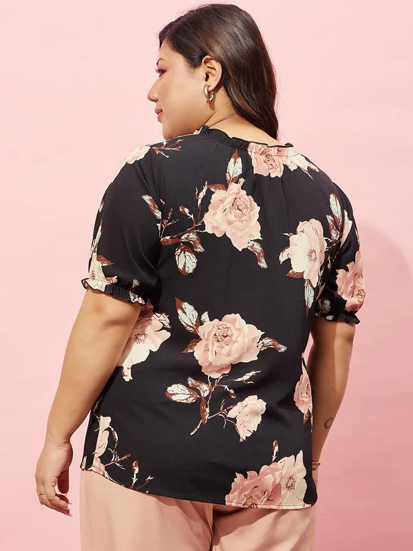 Berrylush Curve Women Black & Pink Floral Printed V-Neck Short Sleeves Regular Top