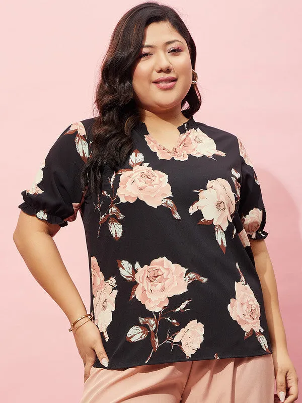 Berrylush Curve Women Black & Pink Floral Printed V-Neck Short Sleeves Regular Top