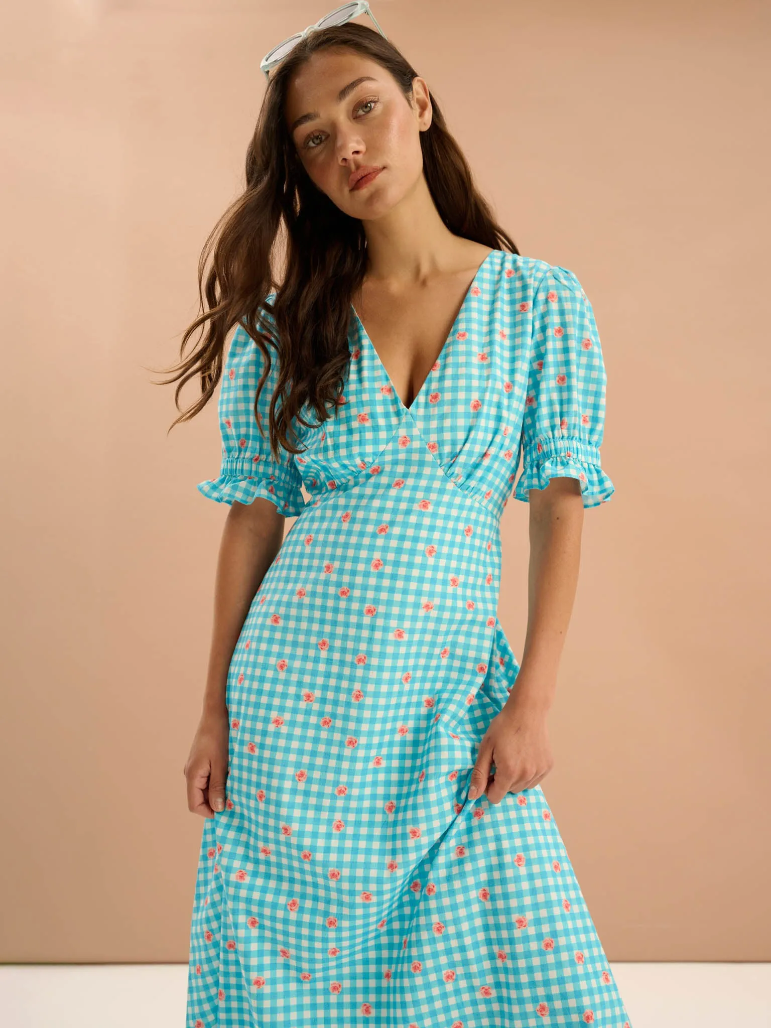 Beverley Floral Gingham Printed Frill Cuff Midi Dress in Blue