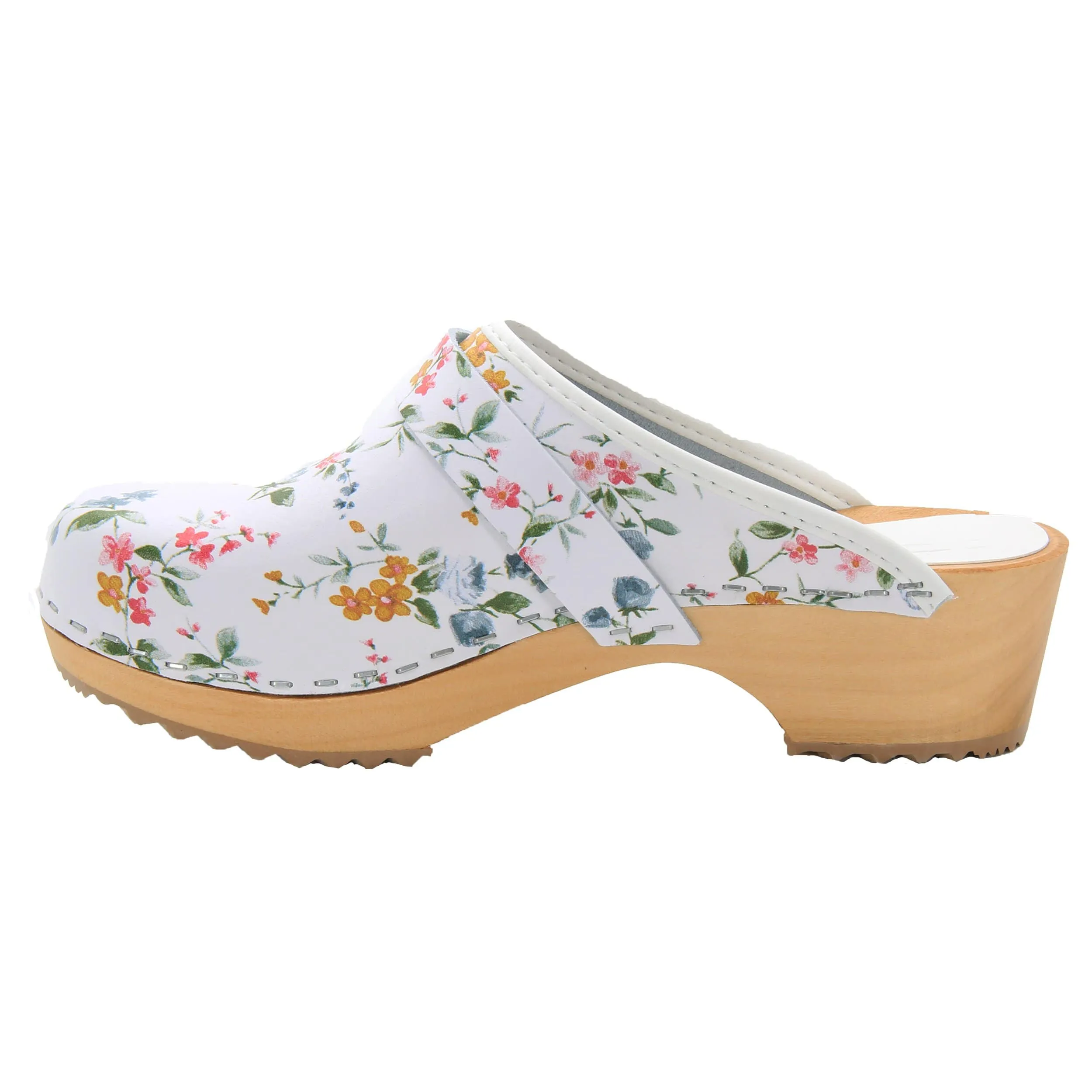 BJORK Linnea Wood Open Back Flower Print Leather Clogs