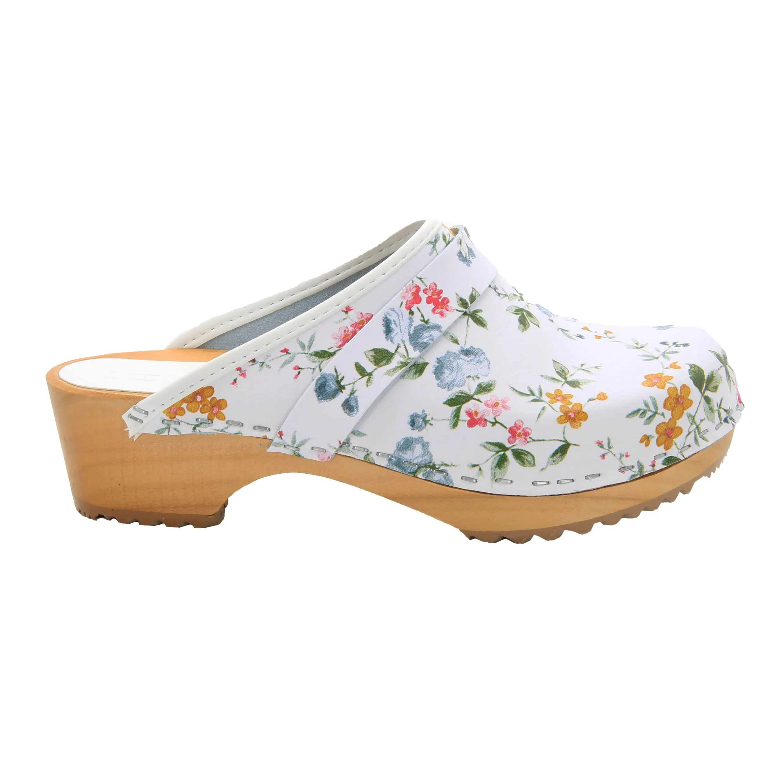 BJORK Linnea Wood Open Back Flower Print Leather Clogs