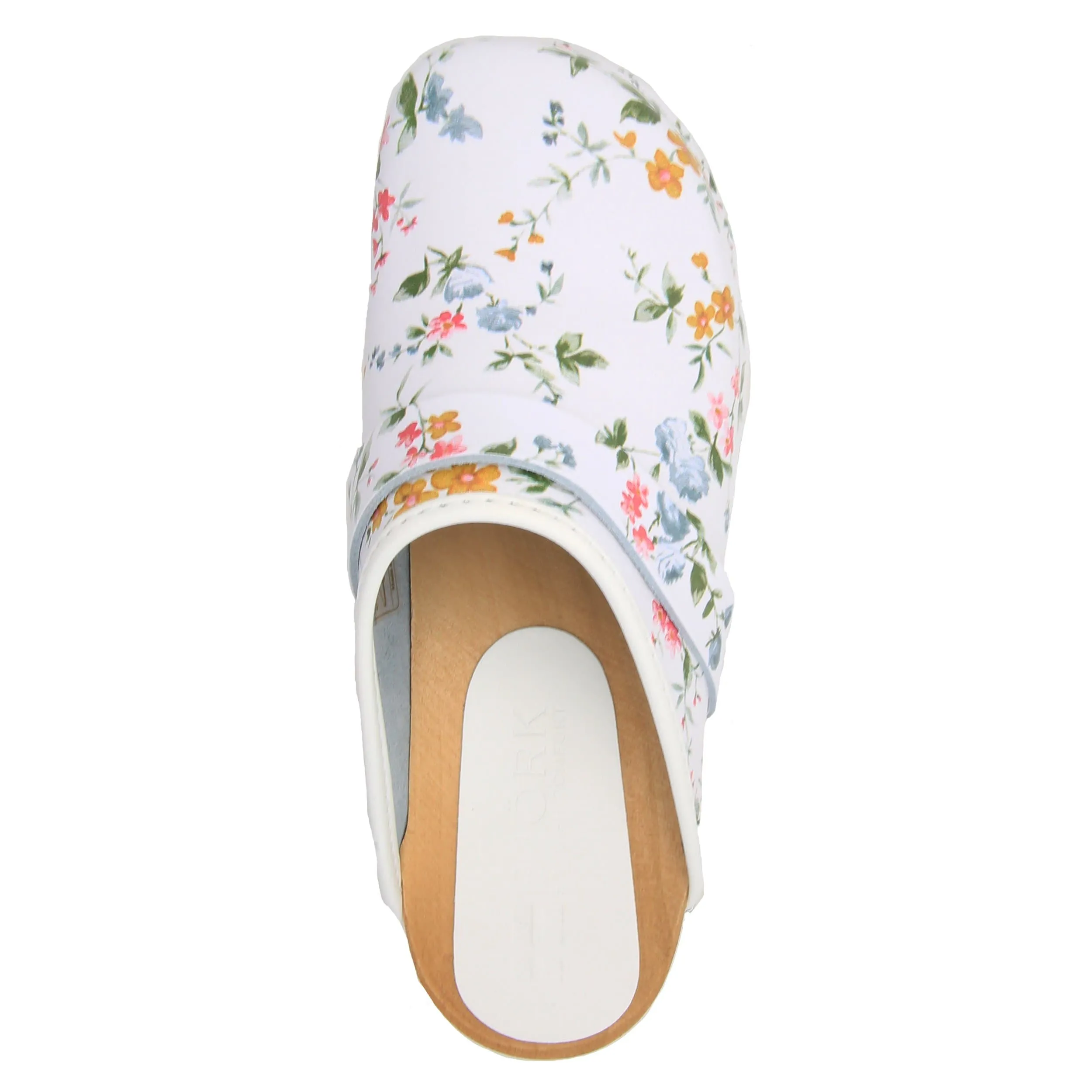 BJORK Linnea Wood Open Back Flower Print Leather Clogs