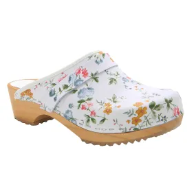 BJORK Linnea Wood Open Back Flower Print Leather Clogs