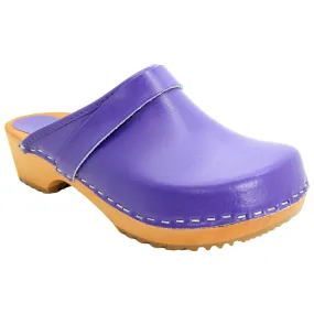 BJORK Maja Wood Open Back Leather Clogs in Purple