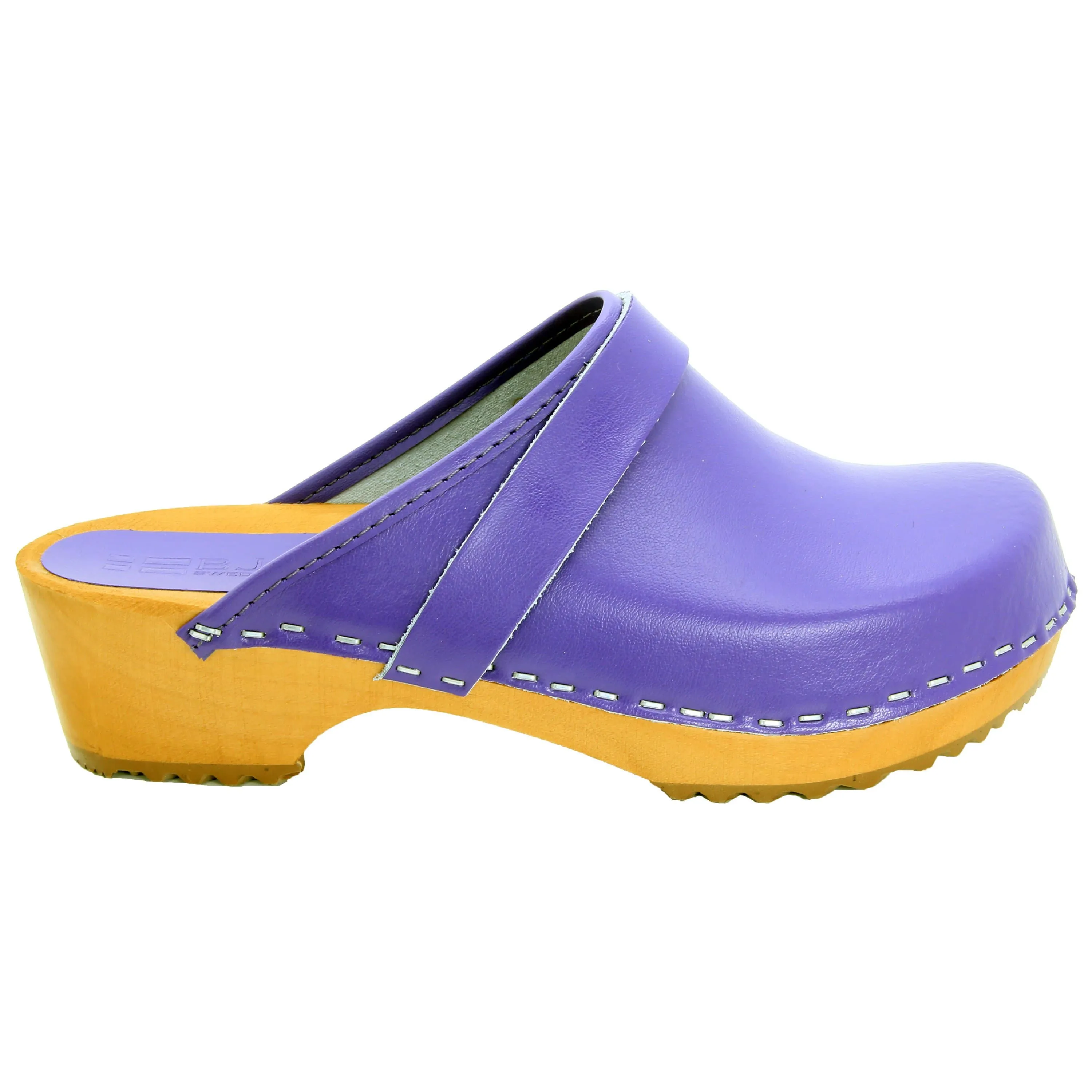 BJORK Maja Wood Open Back Leather Clogs in Purple