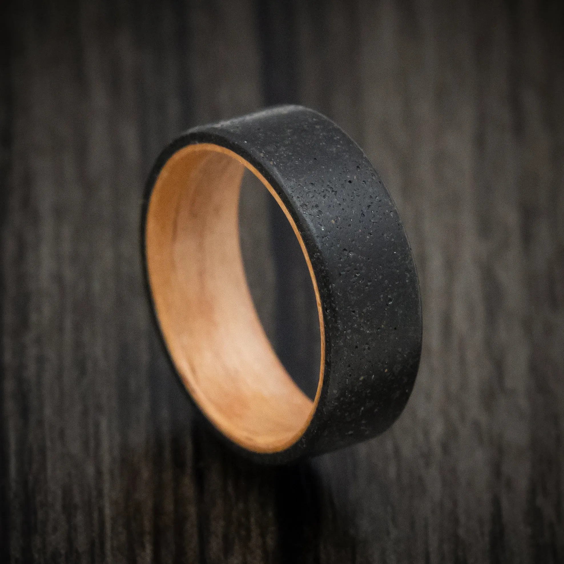 Black Concrete Men's Ring with Oak Wood Sleeve Custom Made Band