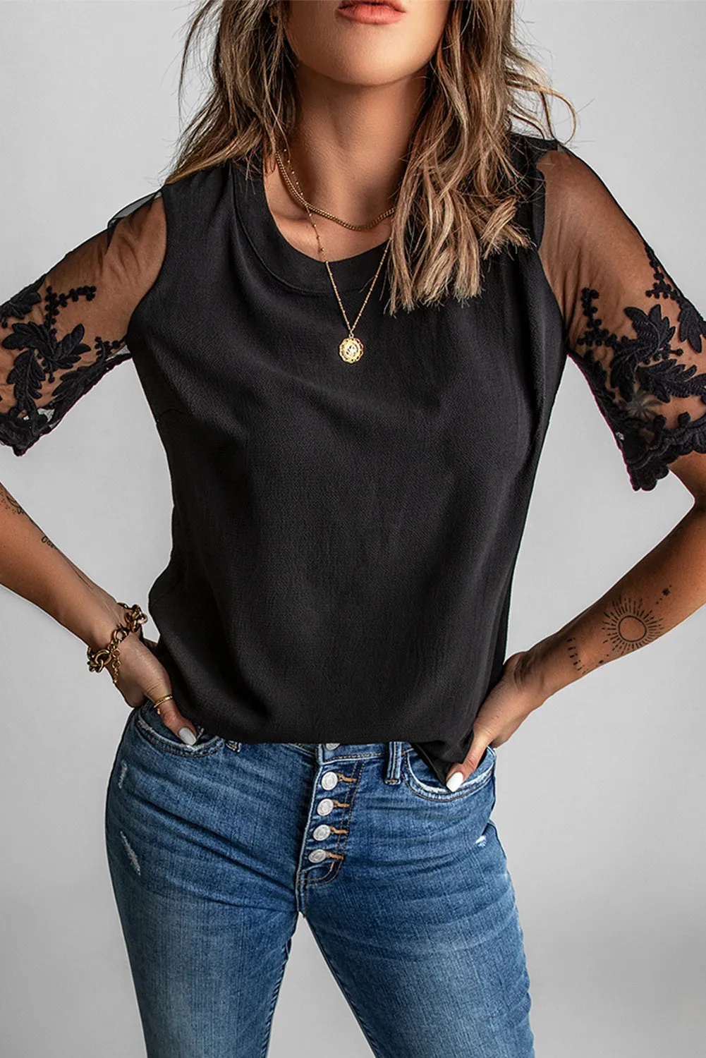 Black Lace Short Sleeve Top