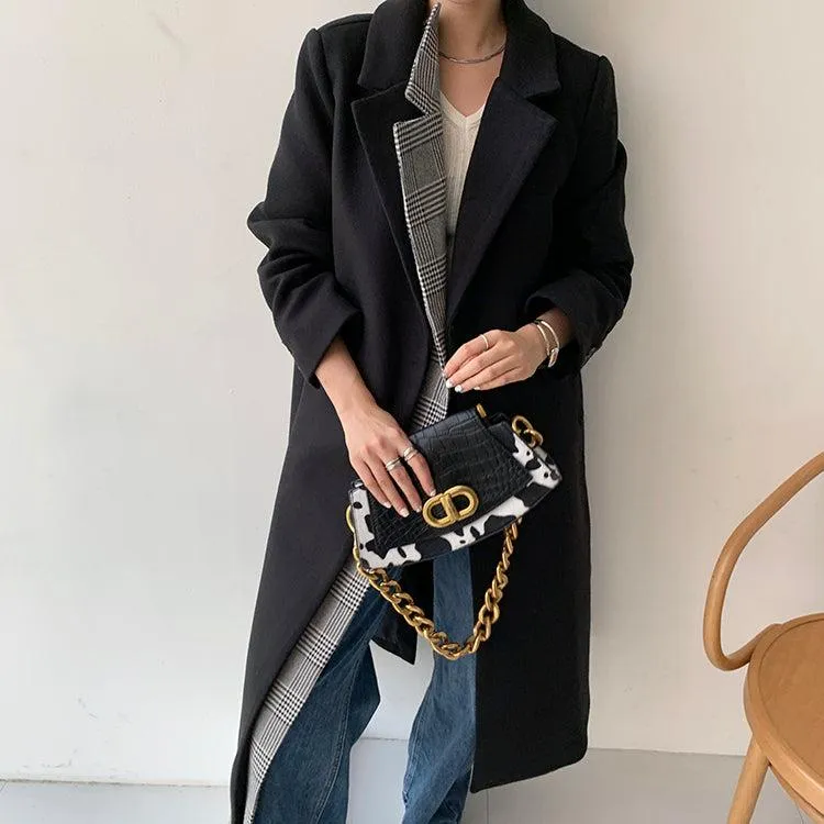 Black Match Plaid Thicken Long Wool Coat