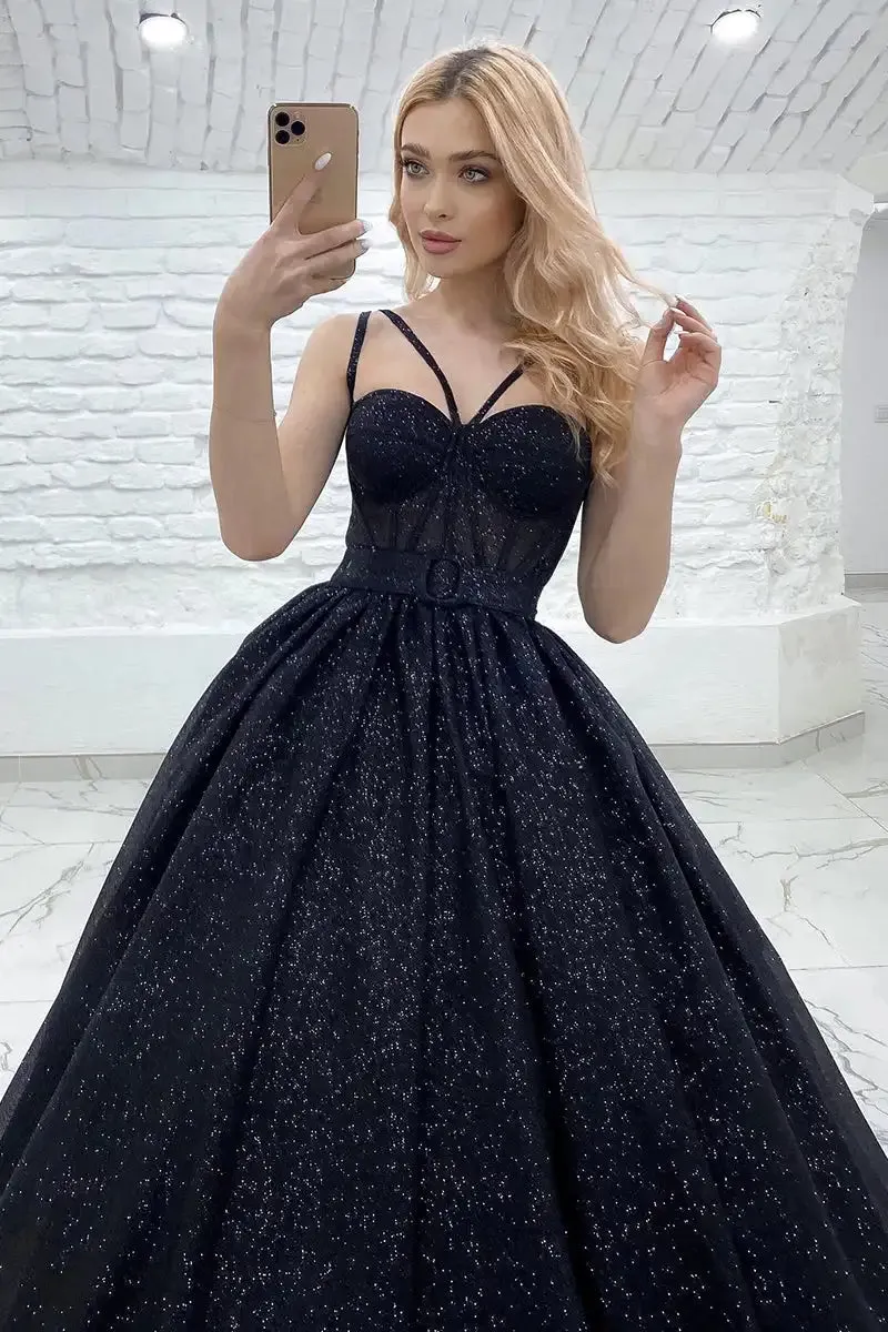 Black Sequin Spaghetti Strap Evening Formal Dresses