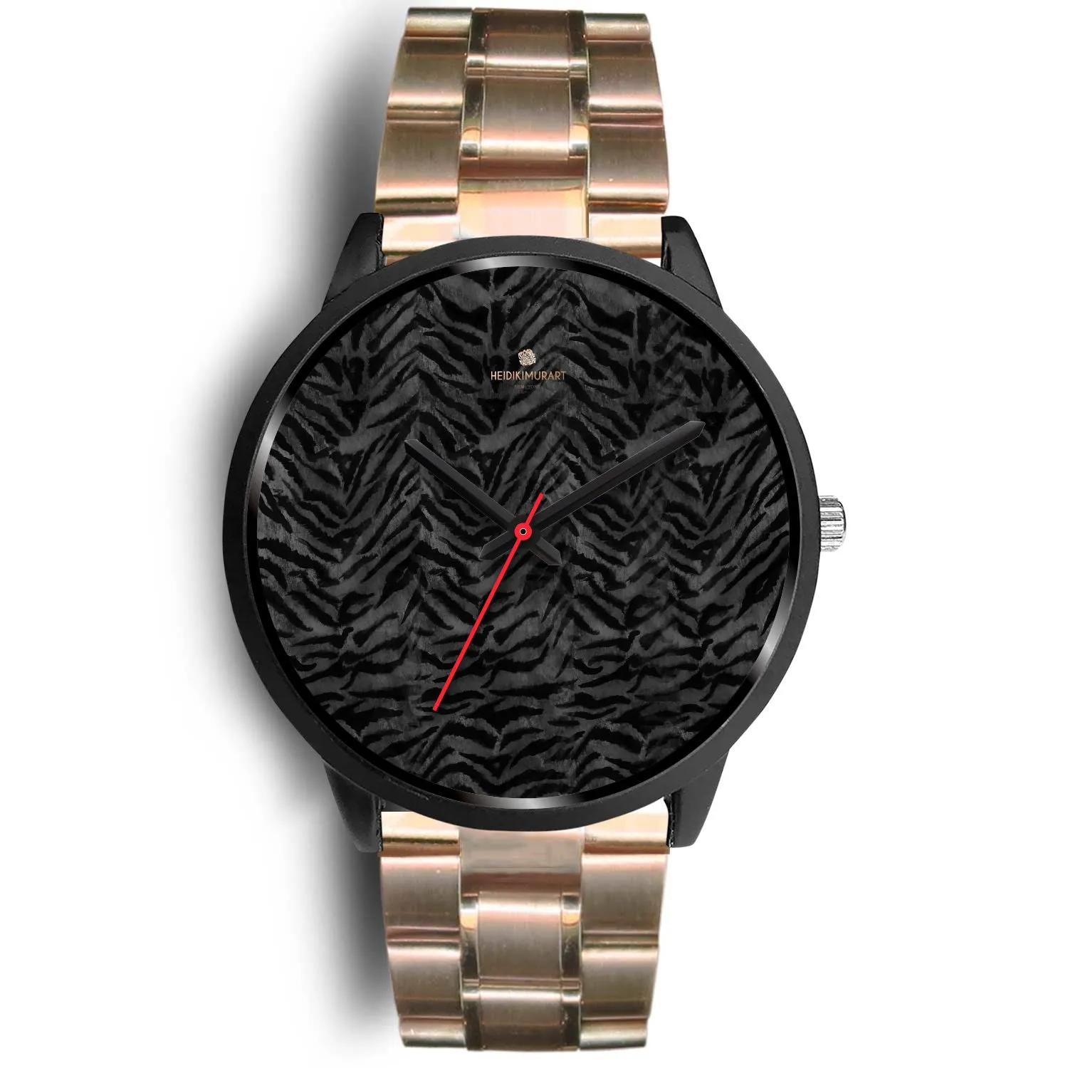 Black Tiger Striped Watch, Tiger Striped Animal Print Designer Faux Fur Black Stainless Steel/ Genuine Leather Watch