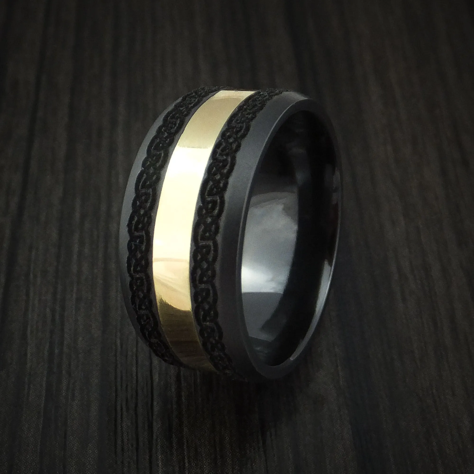 Black Zirconium and 18K Yellow Gold Custom Celtic Pattern Men's Ring