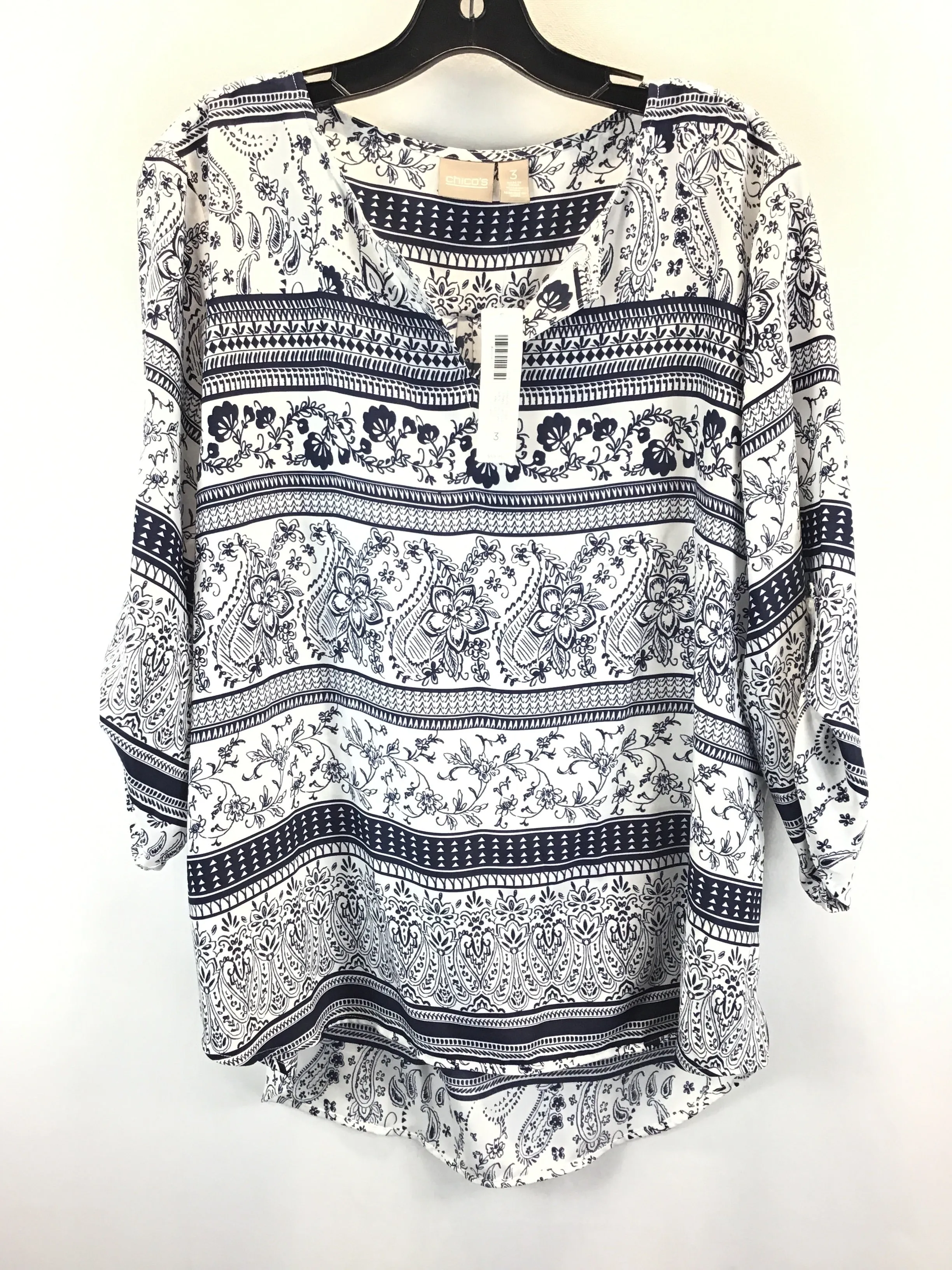 Blue & White Top 3/4 Sleeve Chicos, Size 3