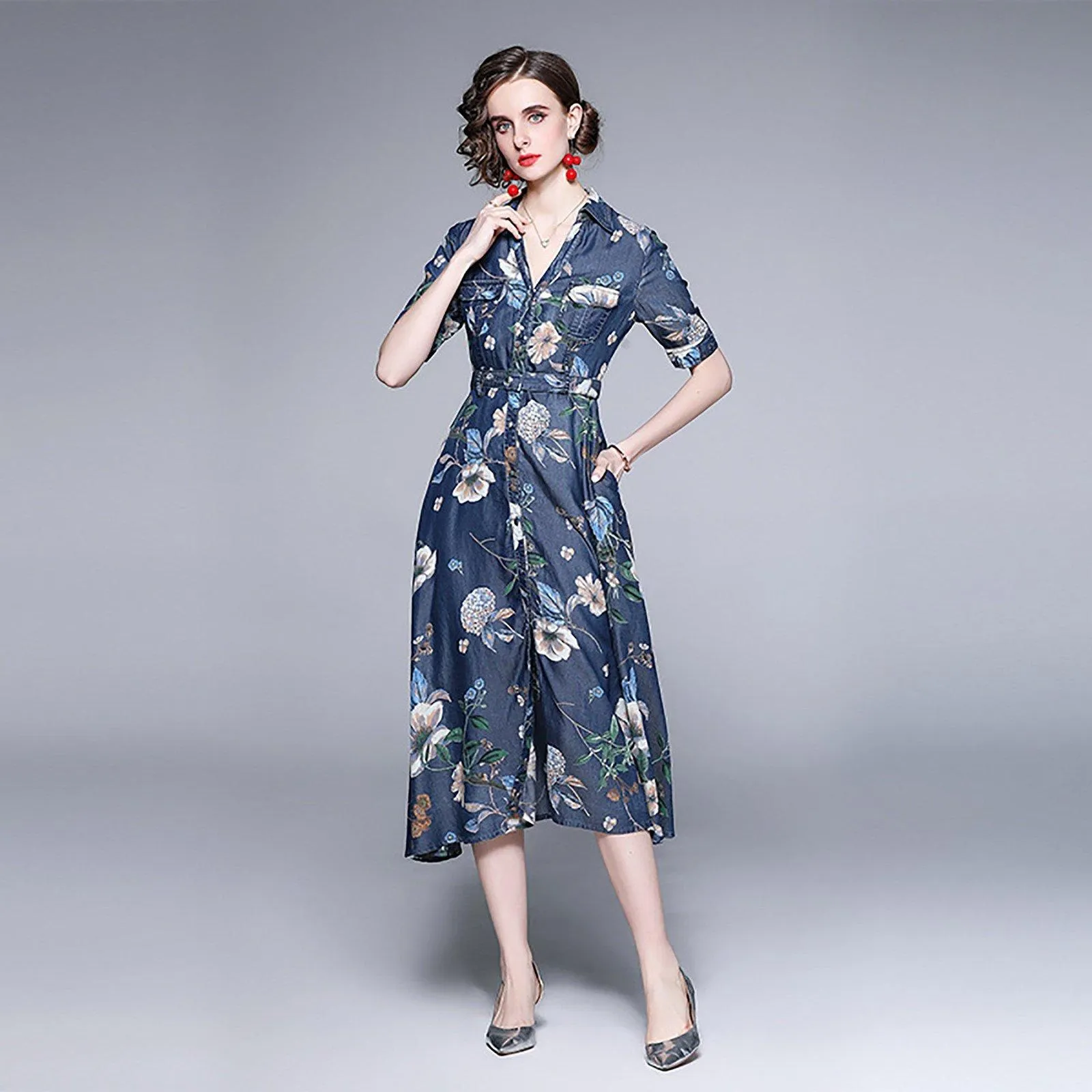 Blue Denim Floral Print Short Sleeve Fit & Flare Shirtdress