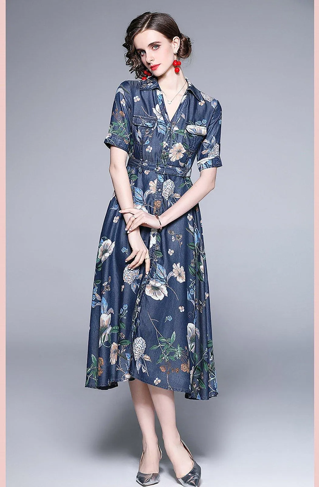 Blue Denim Floral Print Short Sleeve Fit & Flare Shirtdress