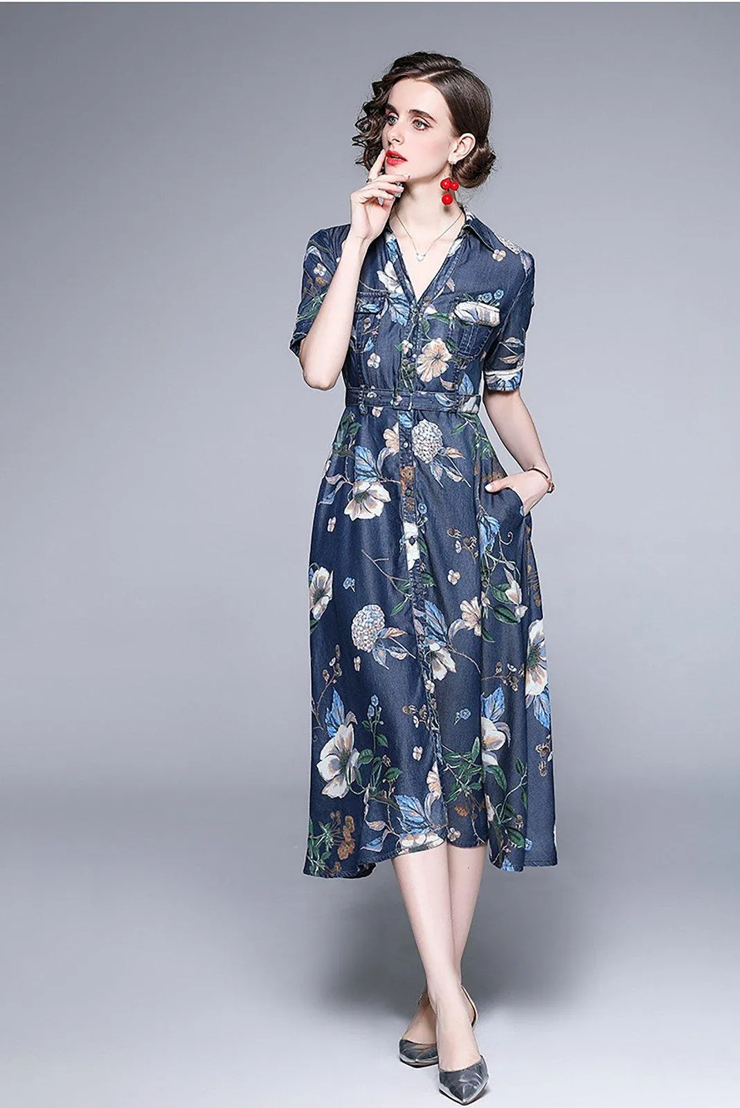 Blue Denim Floral Print Short Sleeve Fit & Flare Shirtdress