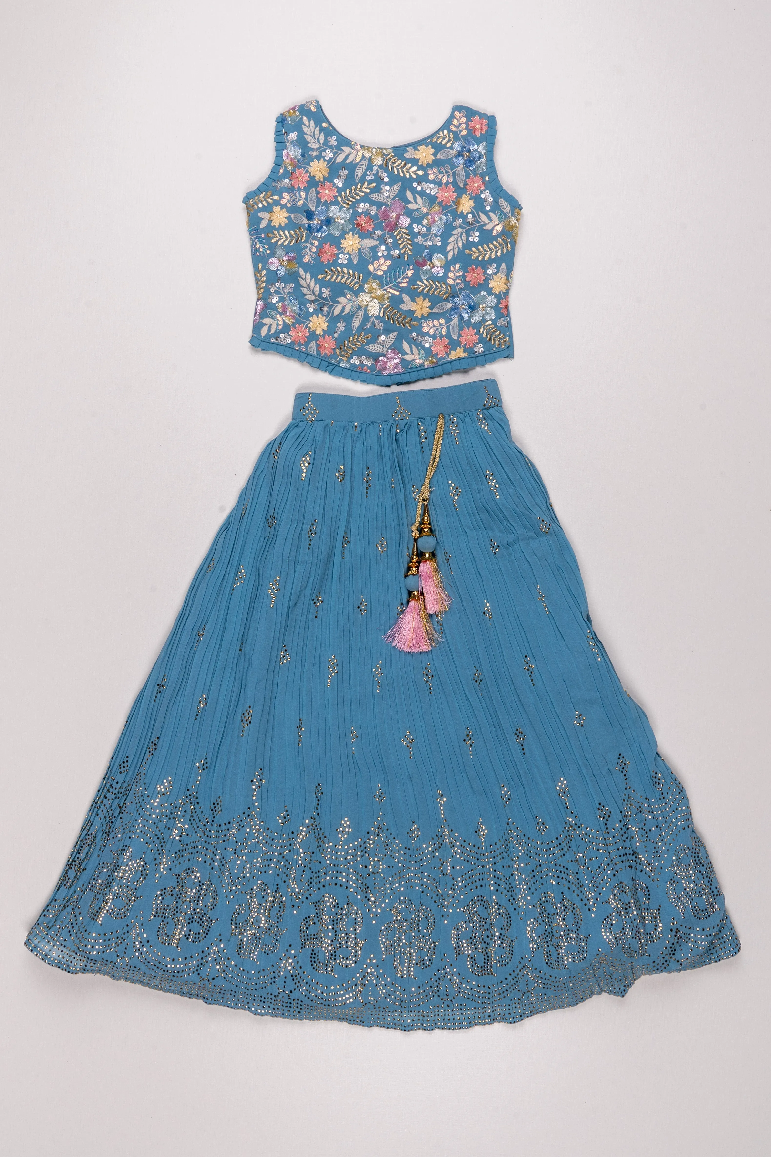 Blue Enchantment: Lustrous Floral Sequin-Adorned Lehenga with Pleated Choli for Young Divas- Festive Collections 2023