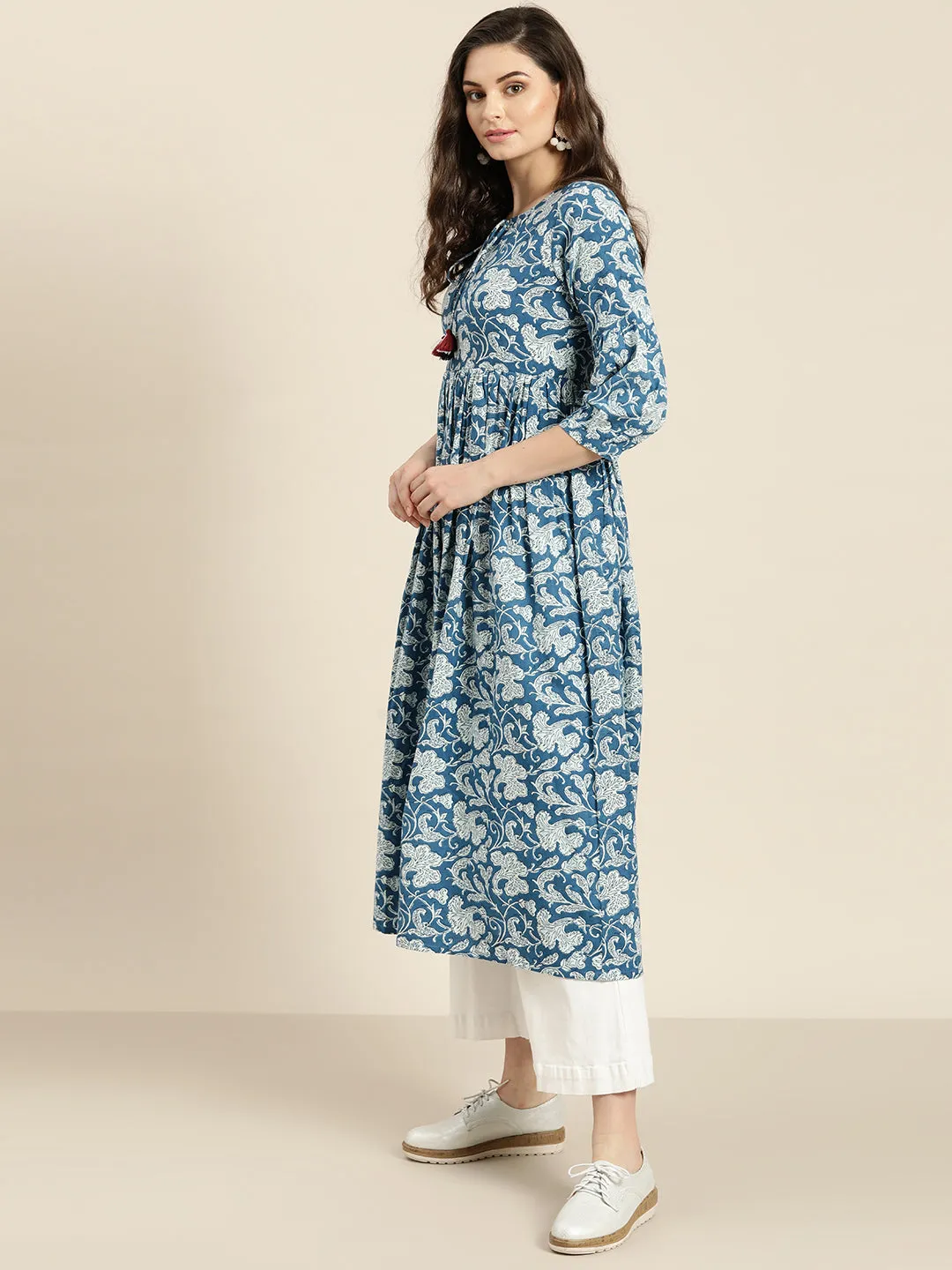 Blue Floral Gathered Kurta