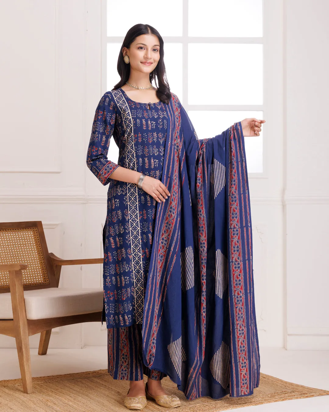 Blue Handblock Printed Cotton Suit Set