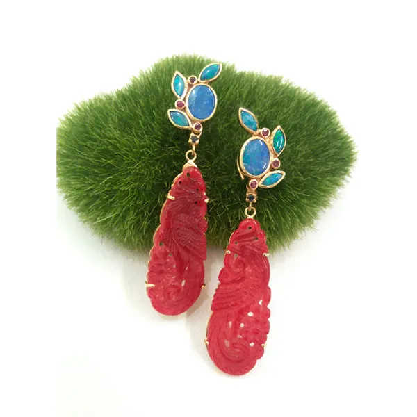 Blue Opal with Rhodolite Garnet Stud & Blue Sapphire & Carved Red Jade Twinset Earrings