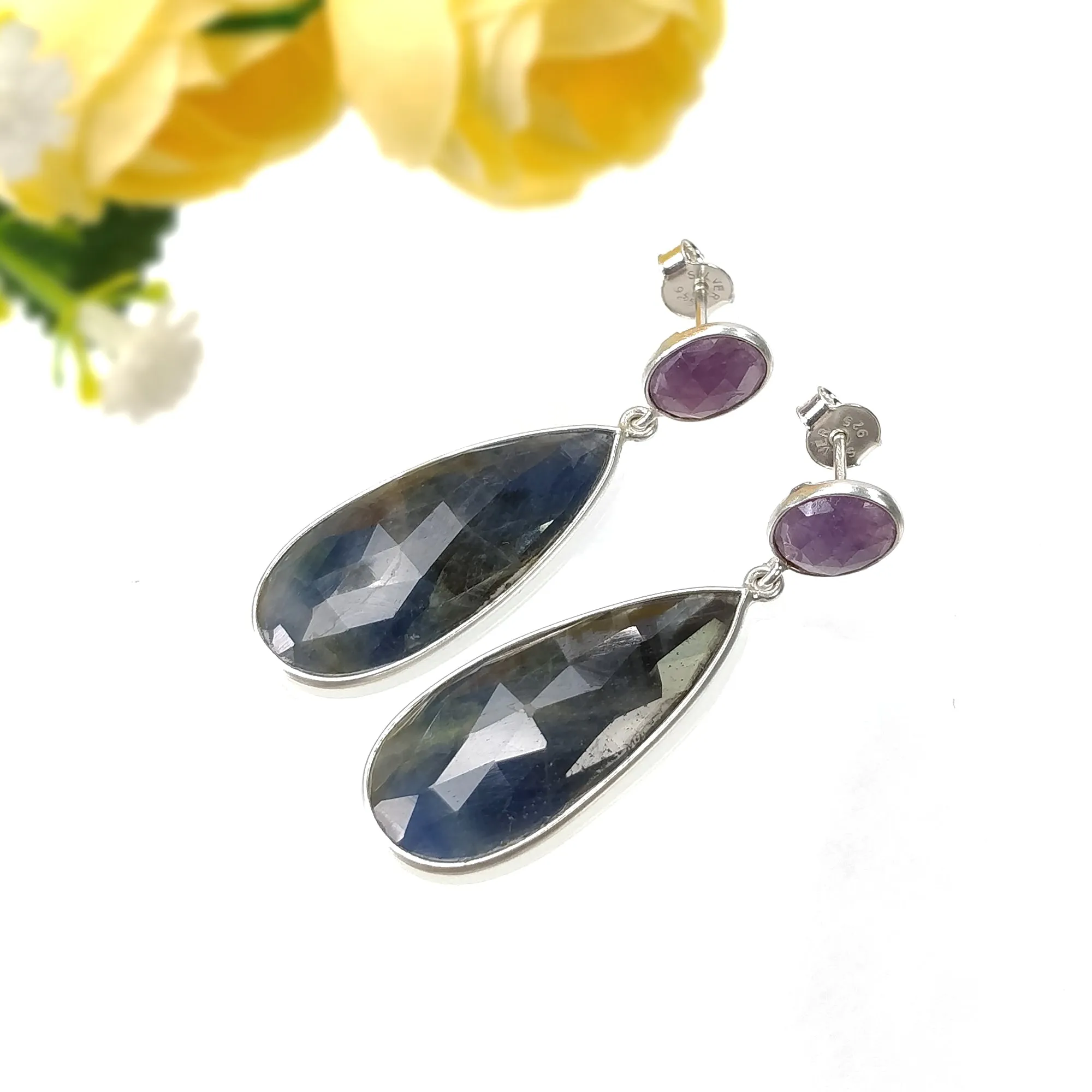 BLUE PINK SAPPHIRE Gemstone Earring : 7.97gms Natural Sapphire 925 Sterling Silver Drop Dangle Bezel Set Push Back Earrings 1.69"