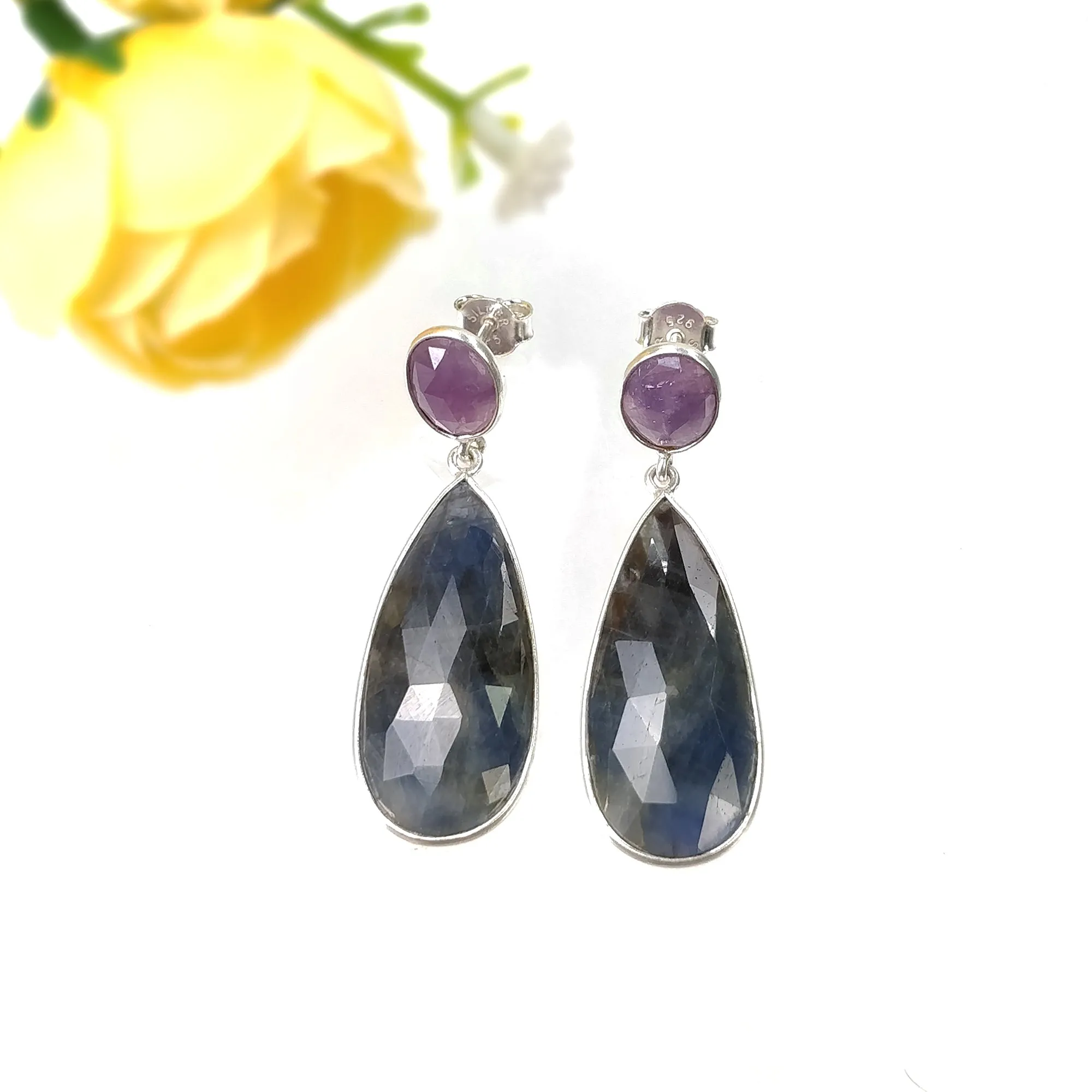 BLUE PINK SAPPHIRE Gemstone Earring : 7.97gms Natural Sapphire 925 Sterling Silver Drop Dangle Bezel Set Push Back Earrings 1.69"