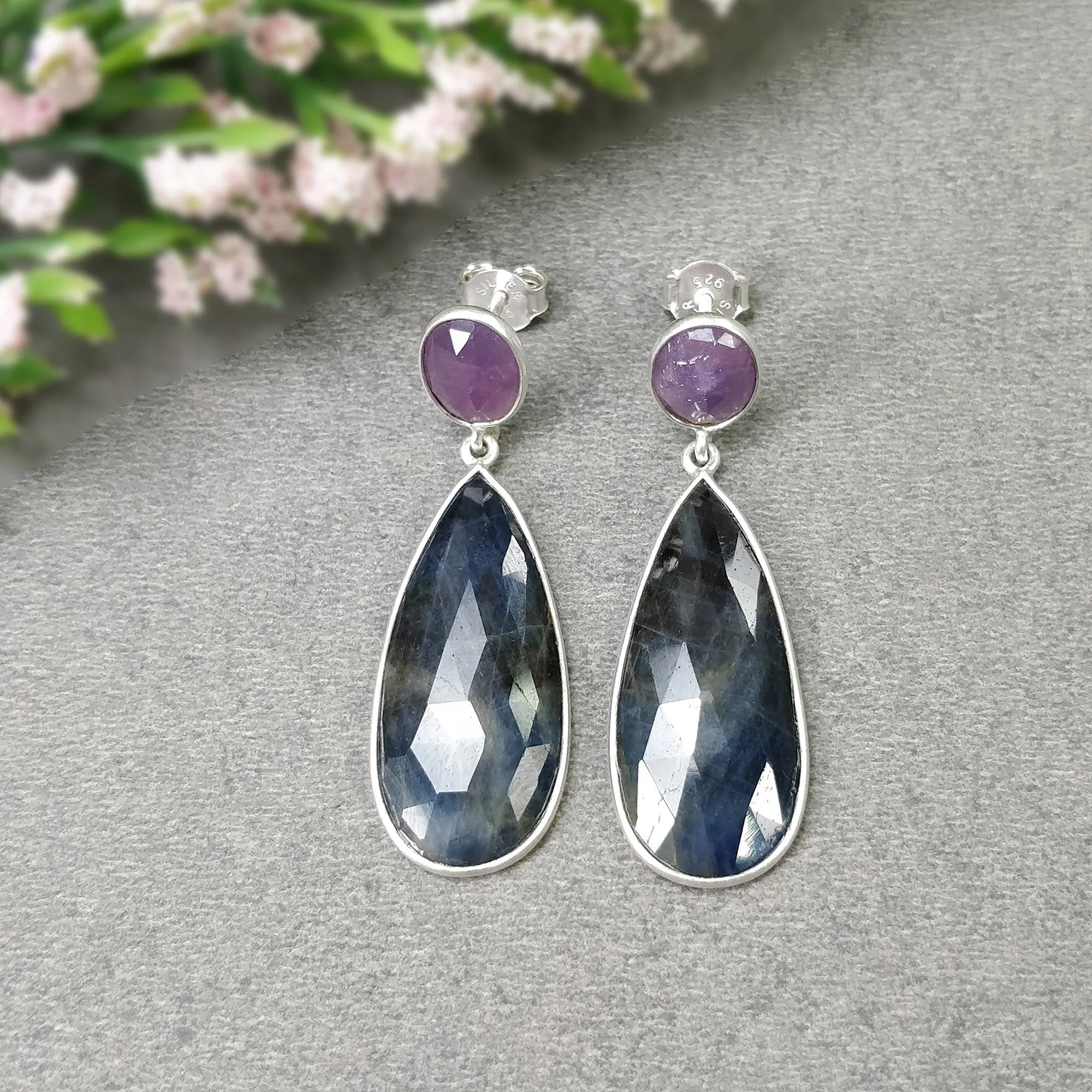 BLUE PINK SAPPHIRE Gemstone Earring : 7.97gms Natural Sapphire 925 Sterling Silver Drop Dangle Bezel Set Push Back Earrings 1.69"