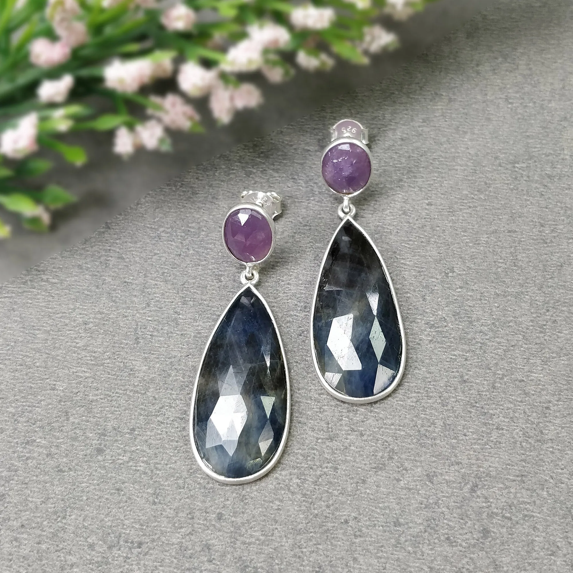 BLUE PINK SAPPHIRE Gemstone Earring : 7.97gms Natural Sapphire 925 Sterling Silver Drop Dangle Bezel Set Push Back Earrings 1.69"