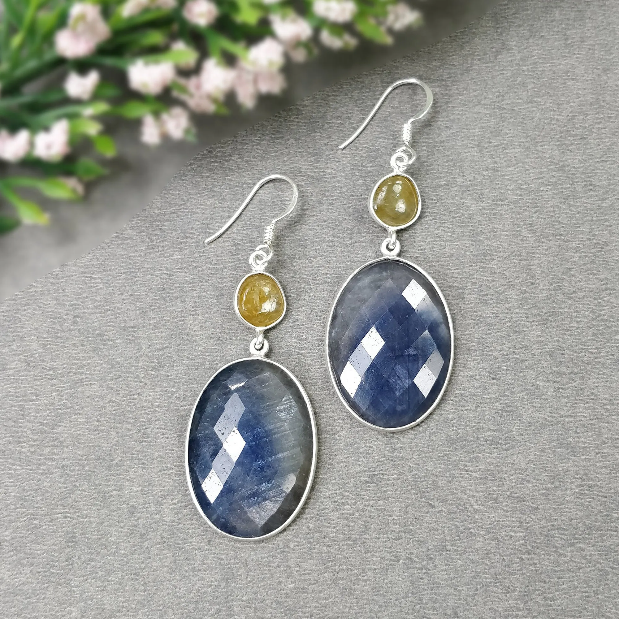 BLUE YELLOW SAPPHIRE Gemstone Earring : 13.05gms Natural Sapphire 925 Sterling Silver Drop Dangle Bezel Set Earrings 2.16"