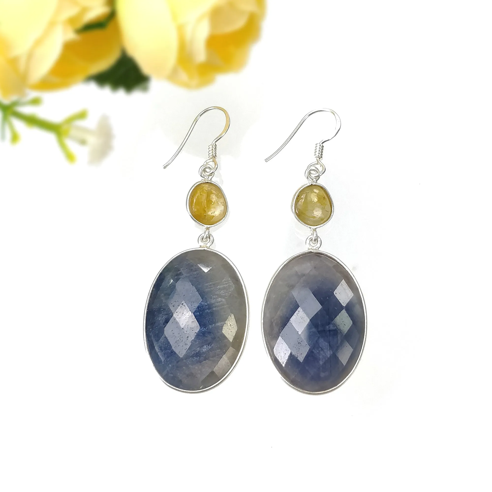 BLUE YELLOW SAPPHIRE Gemstone Earring : 13.05gms Natural Sapphire 925 Sterling Silver Drop Dangle Bezel Set Earrings 2.16"