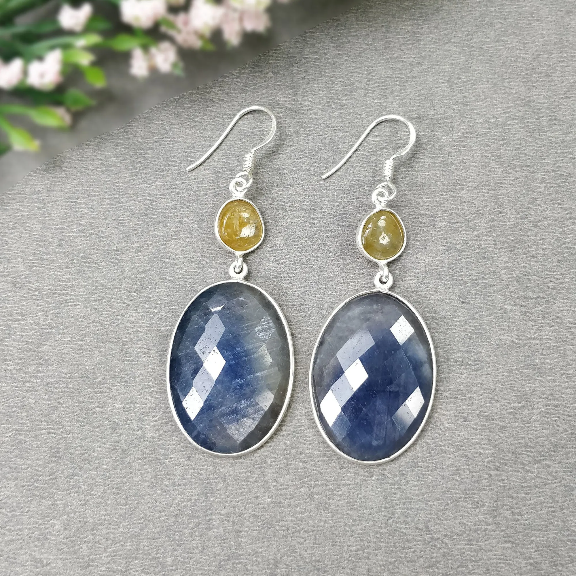 BLUE YELLOW SAPPHIRE Gemstone Earring : 13.05gms Natural Sapphire 925 Sterling Silver Drop Dangle Bezel Set Earrings 2.16"