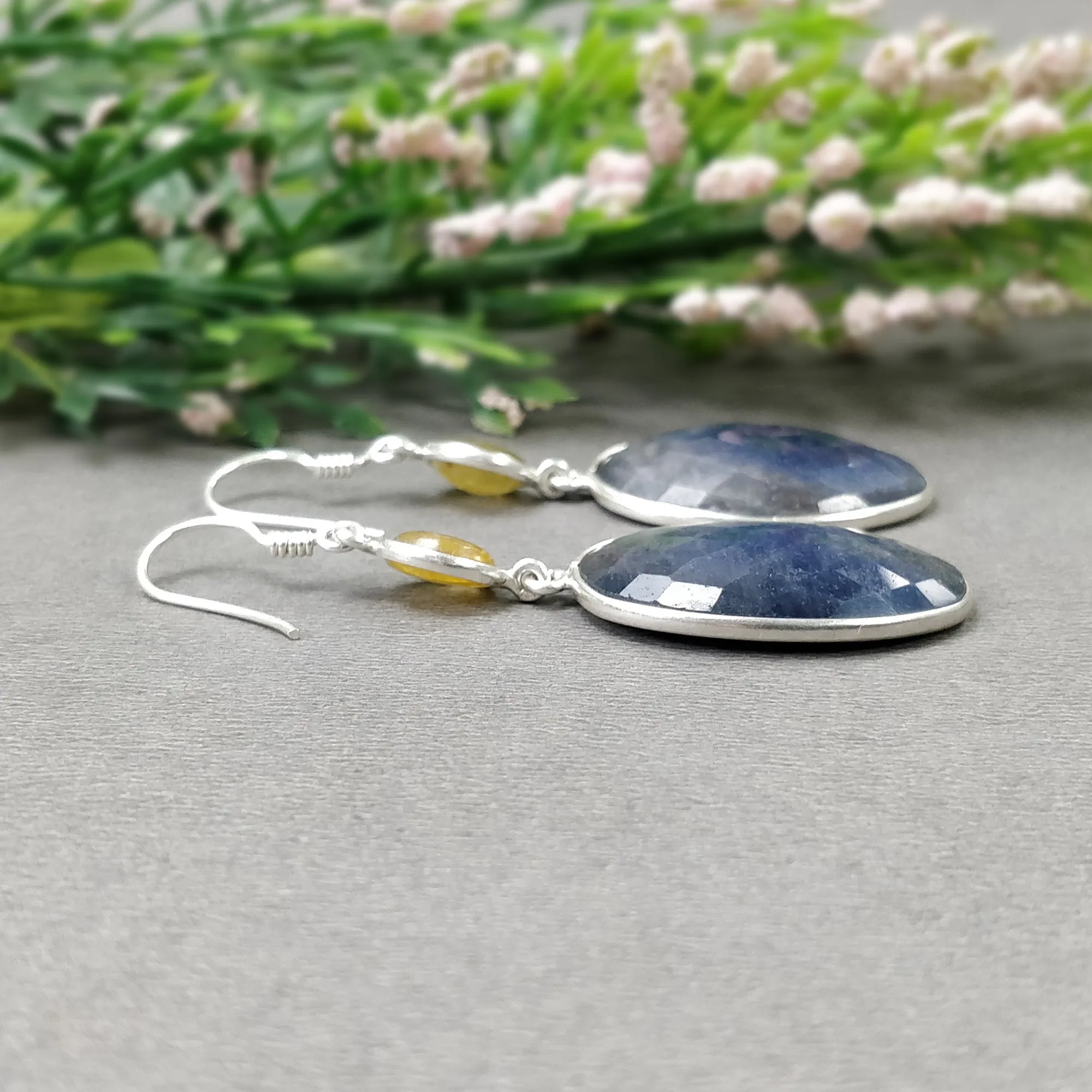 BLUE YELLOW SAPPHIRE Gemstone Earring : 13.05gms Natural Sapphire 925 Sterling Silver Drop Dangle Bezel Set Earrings 2.16"