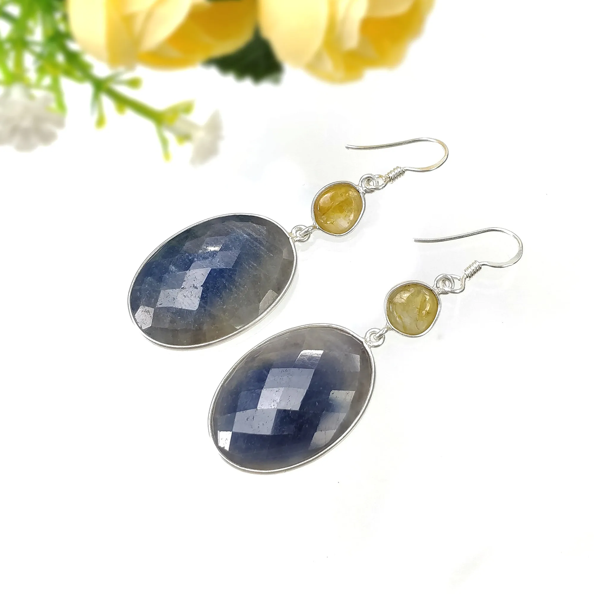 BLUE YELLOW SAPPHIRE Gemstone Earring : 13.05gms Natural Sapphire 925 Sterling Silver Drop Dangle Bezel Set Earrings 2.16"