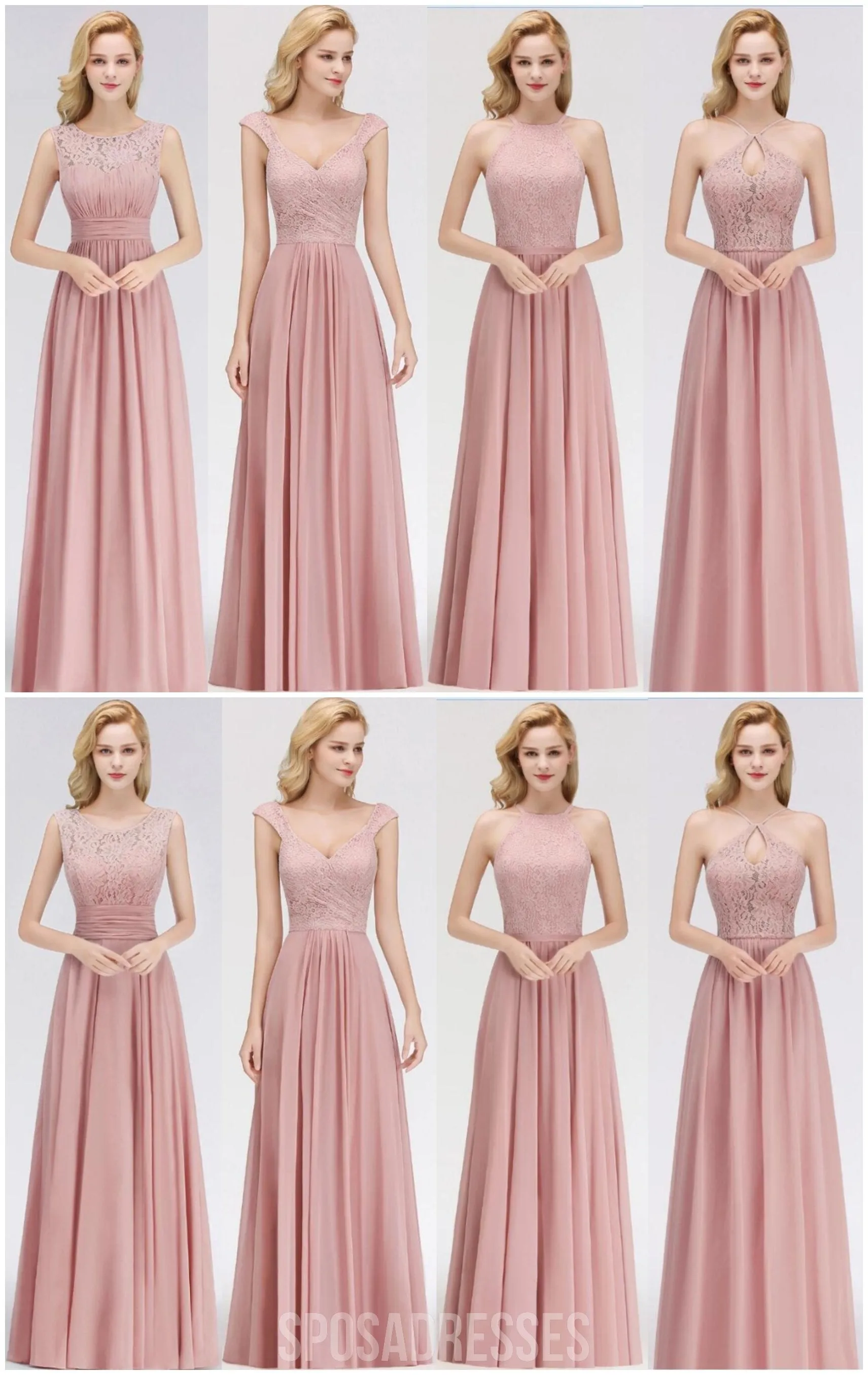 Blush Pink Lace Floor Length Mismatched Chiffon Bridesmaid Dresses Online, WG542