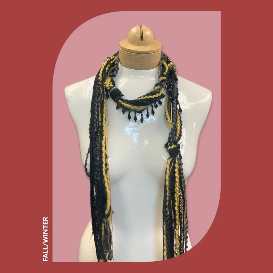 Boho Beaded Lightweight Mohair Scarf Necklace- Black and Gold