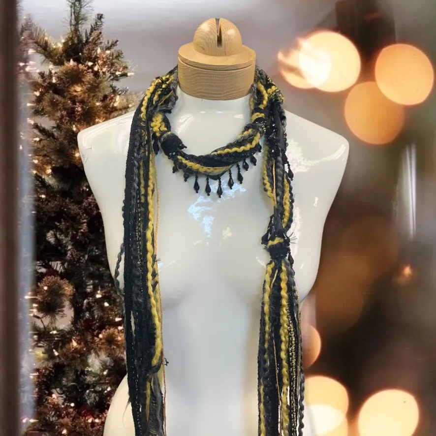 Boho Beaded Lightweight Mohair Scarf Necklace- Black and Gold