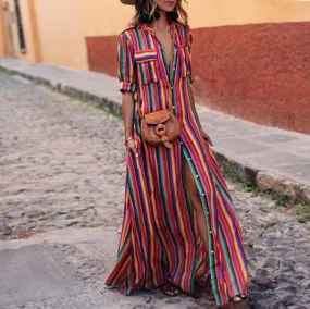 Boho Multi striped long maxi button down dress with sleeves