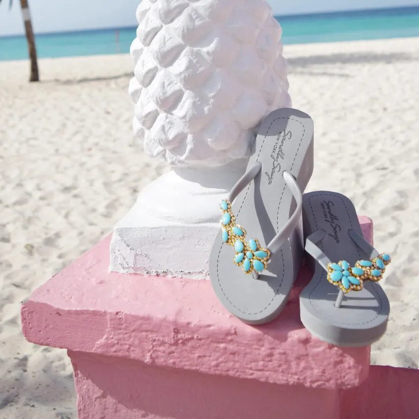 Brooklyn Turquoise Flower - Rhine Stone Embellished Women's High Wedge Flip Flops Sandal