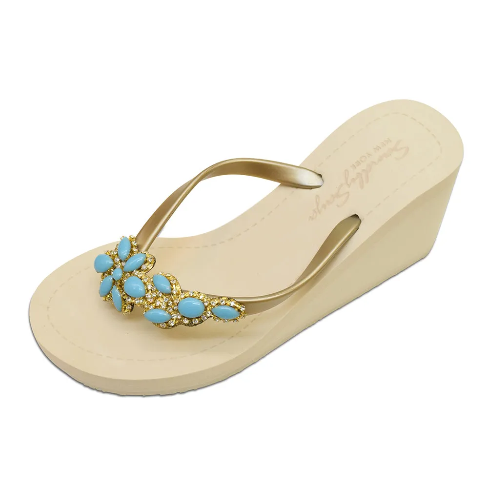 Brooklyn Turquoise Flower - Rhine Stone Embellished Women's High Wedge Flip Flops Sandal