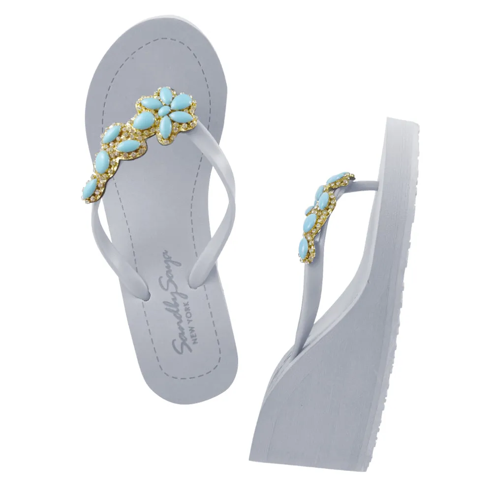 Brooklyn Turquoise Flower - Rhine Stone Embellished Women's High Wedge Flip Flops Sandal