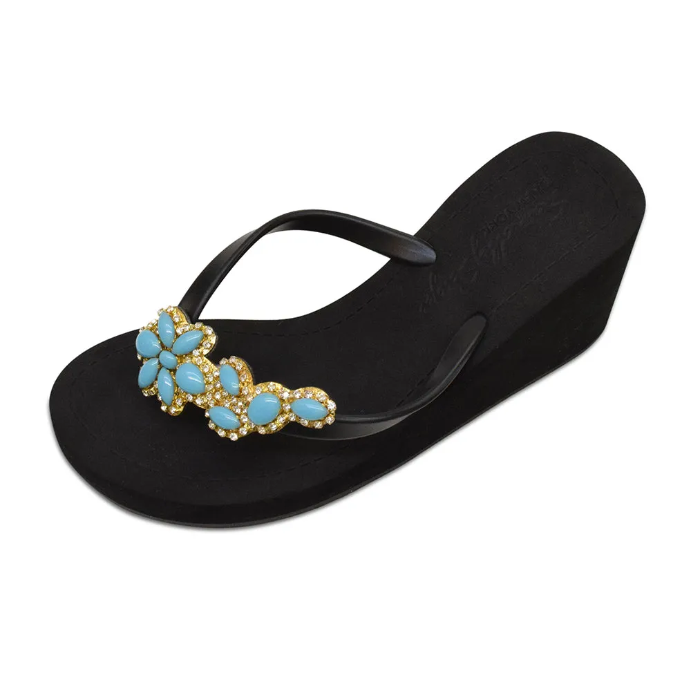 Brooklyn Turquoise Flower - Rhine Stone Embellished Women's High Wedge Flip Flops Sandal