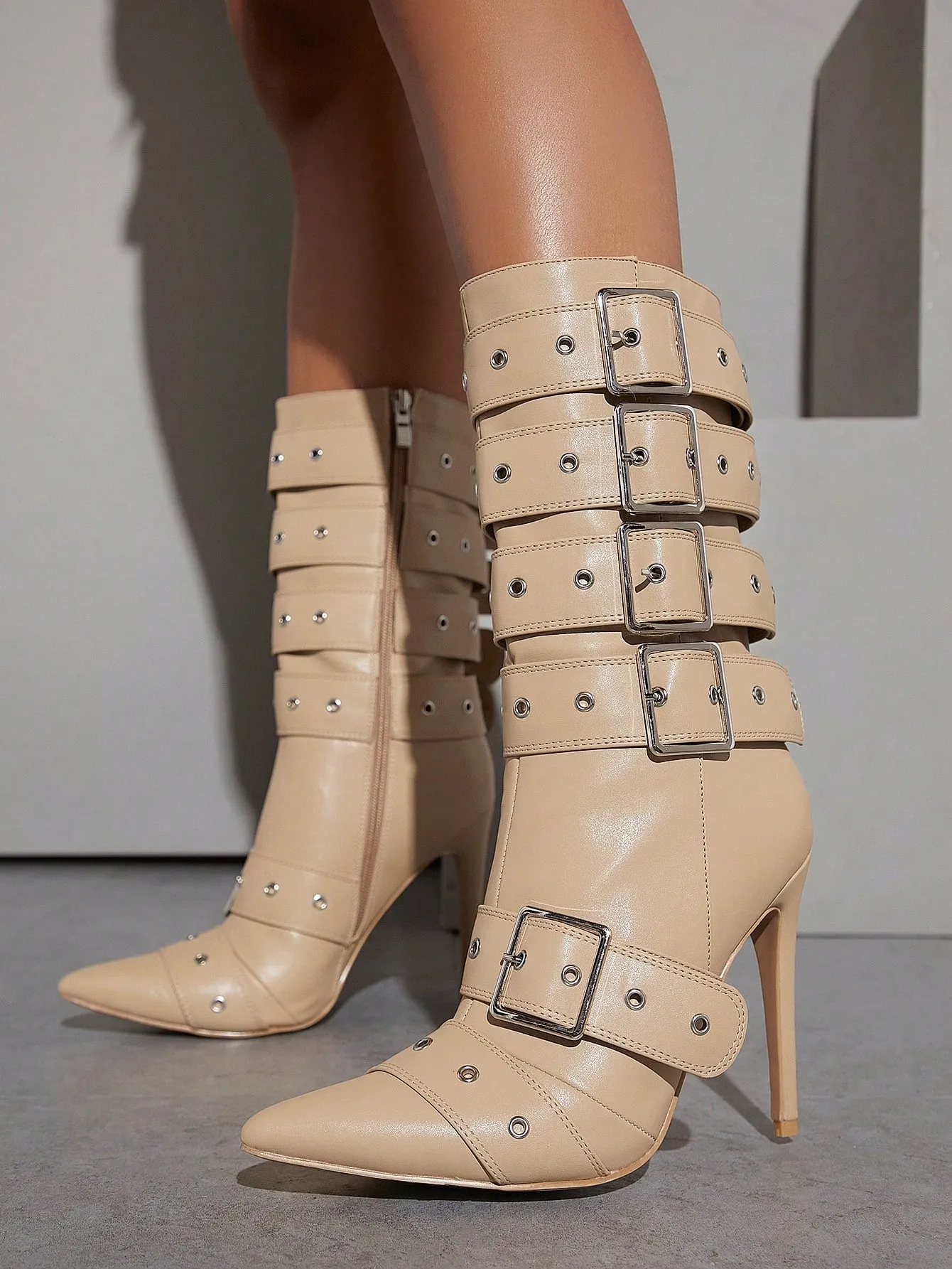 Buckle Decor Side Zip Stiletto Heeled Boots