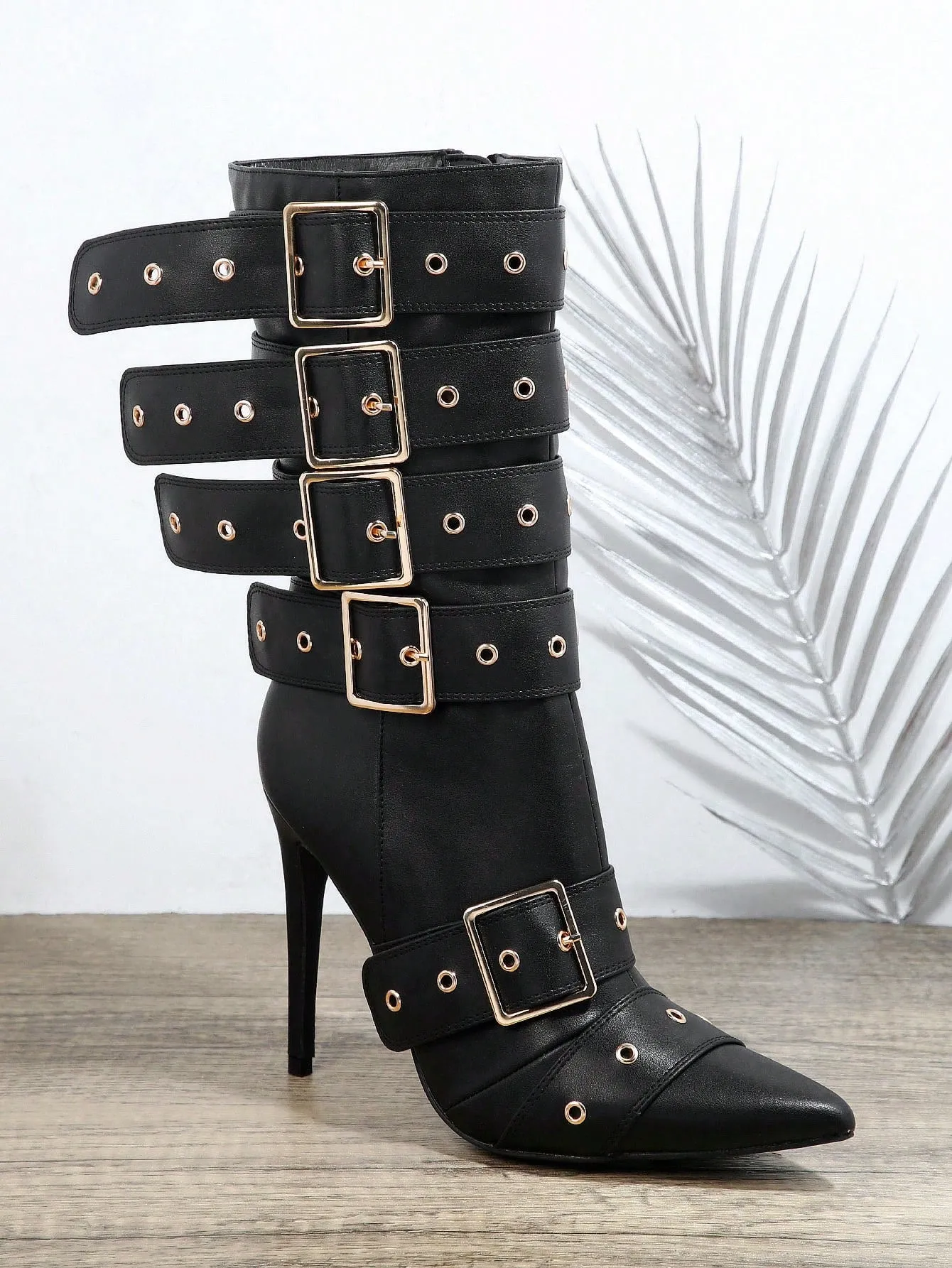 Buckle Decor Side Zip Stiletto Heeled Boots