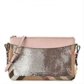 Burberry Peyton Sequin House Check Pink Metallic Brown Canvas Cross Body Bag