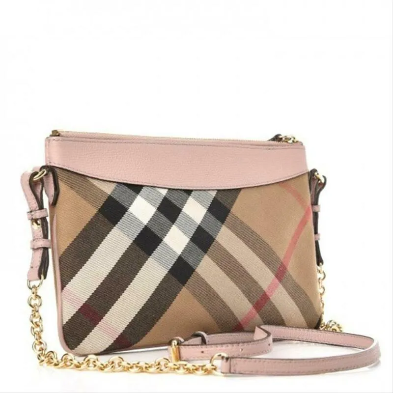 Burberry Peyton Sequin House Check Pink Metallic Brown Canvas Cross Body Bag