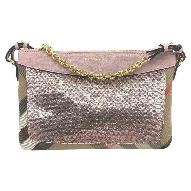 Burberry Peyton Sequin House Check Pink Metallic Brown Canvas Cross Body Bag