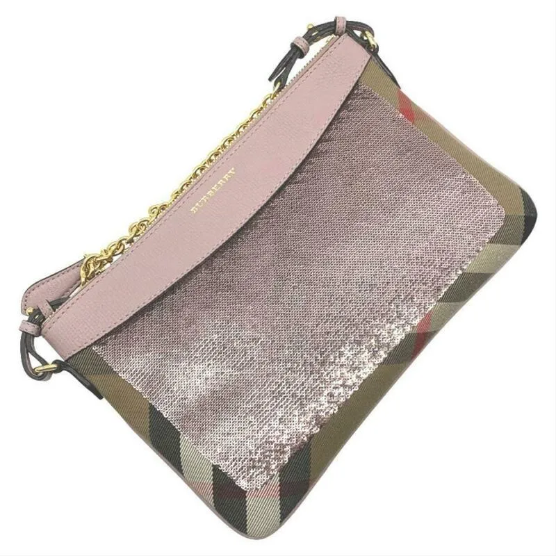 Burberry Peyton Sequin House Check Pink Metallic Brown Canvas Cross Body Bag