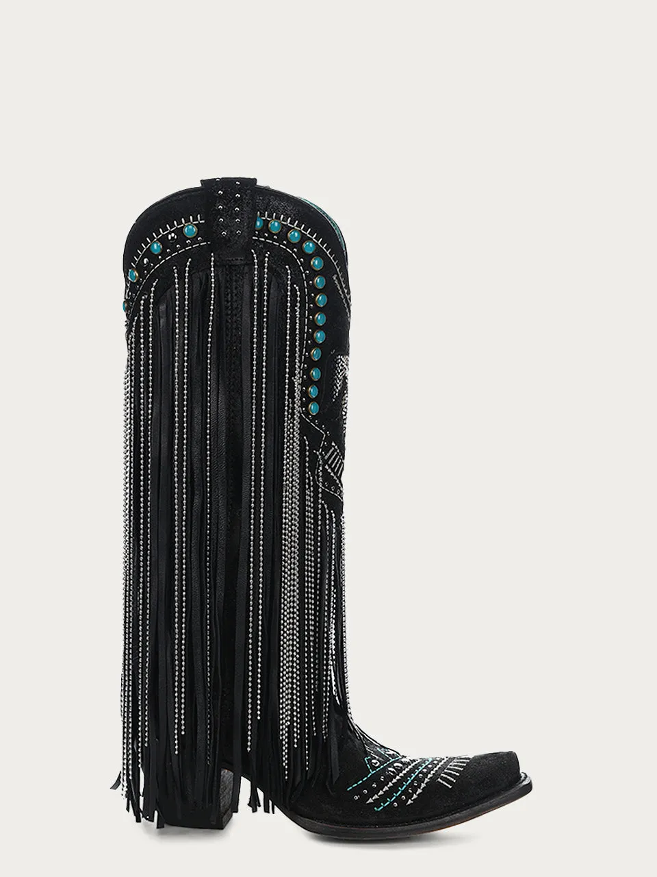 C4087 - WOMEN'S EMBROIDERY EAGLE WITH LAMB AND CRYSTALS FRINGE WITH STUDS SNIP TOE COWBOY BOOT